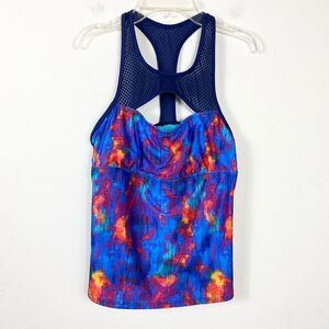 Title Nine Jane Bond Blueberry Marble Print Mesh Cutout Tankini Swim Top Size M